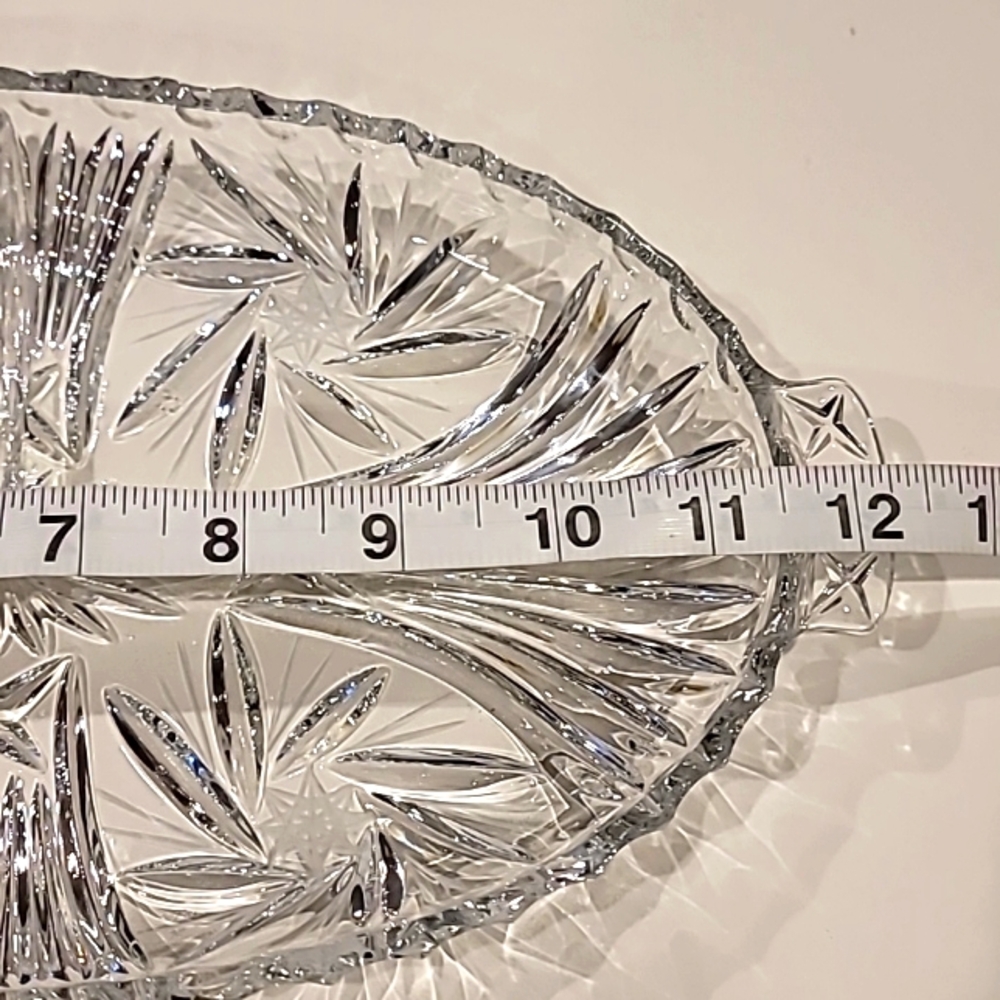 Vintage Cut Lead Crystal Heavy Three Part Oval Pinwheel Pattern Handled Dish - Picture 6 of 8